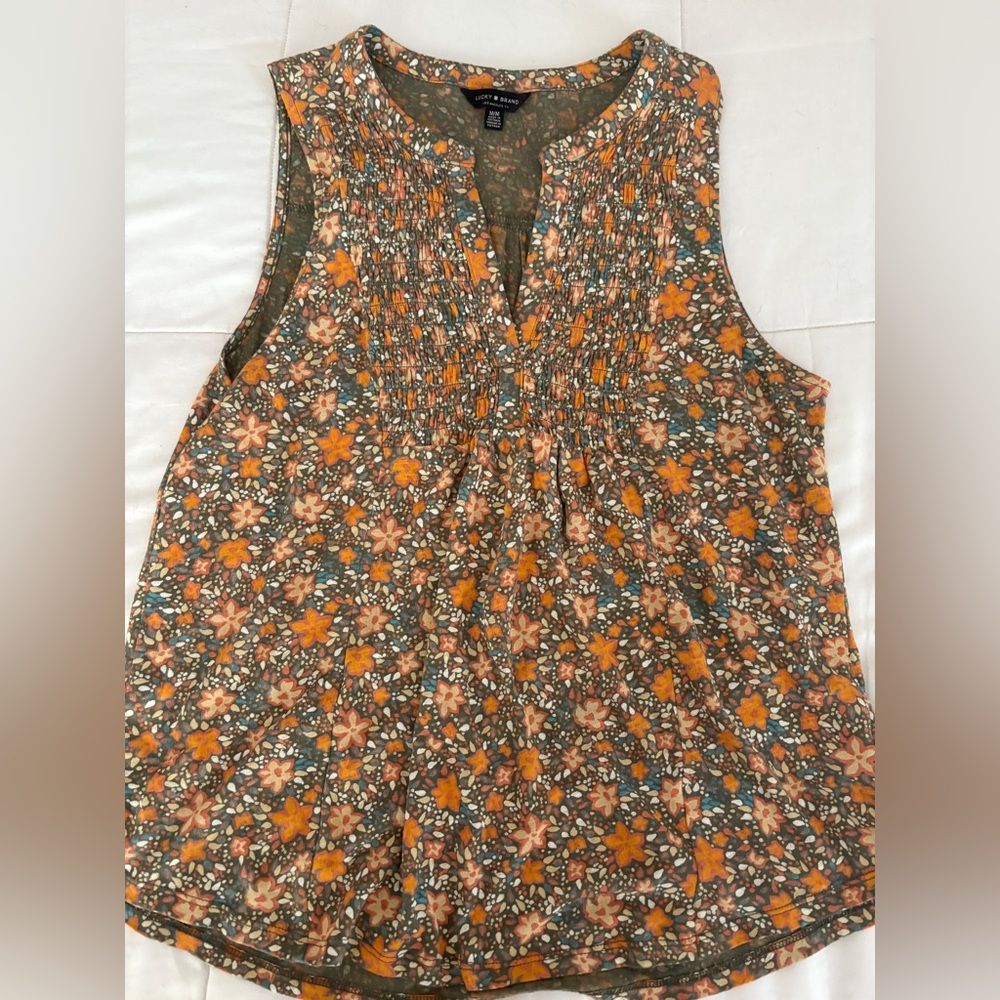 Lucky Brand Orange and Gray Smocked Blouse with Mandarin Collar